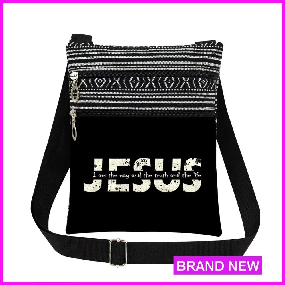 Jesus Scripture Print Crossbody Bag Adjustable Strap Lightweight Travel Purse
